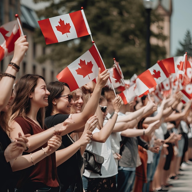 1 luglio Happy Canada day illustrazione delle persone con la bandiera del Canada Generative ai