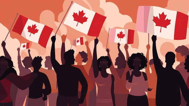 1 luglio Happy Canada day illustrazione delle persone con la bandiera del Canada Generative ai