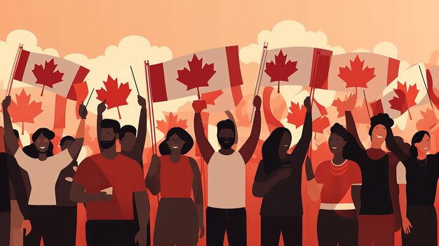 1 luglio Happy Canada day illustrazione delle persone con la bandiera del Canada Generative ai