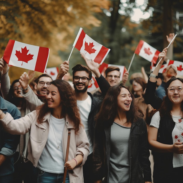 1 luglio Happy Canada day illustrazione delle persone con la bandiera del Canada Generative ai