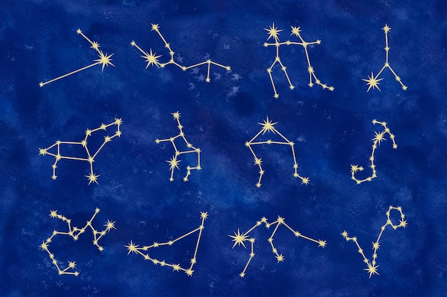12 costellazioni zodiacali dorate su uno sfondo galattico blu scuro per l'oroscopo in acquerello disegnato a mano