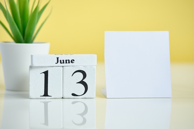 13 tredicesimo giorno giugno mese concetto di calendario su blocchi di legno. Copia spazio.