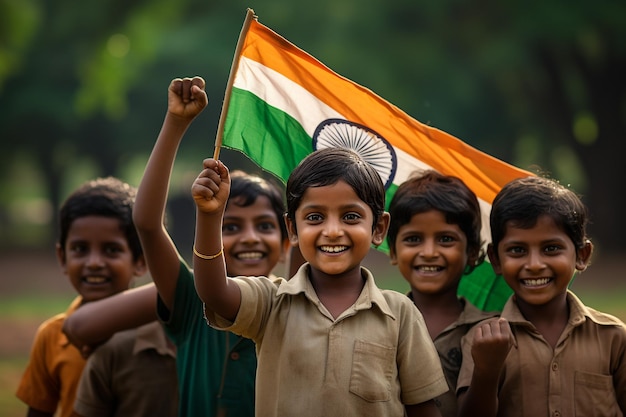 15 agosto Felice Giornata dell'Indipendenza dell'India Con la bandiera indiana in mano