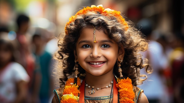 15 agosto Festa dell'indipendenza indiana Simpatico bambino di nazionalità indiana sullo sfondo del tricolore f