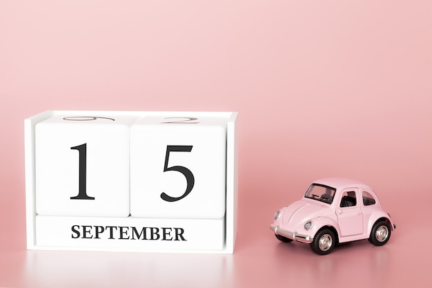 15 settembre. Giorno 15 del mese. Cubo calendario con auto