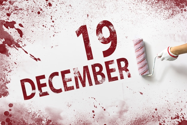 19 dicembre. Giorno 19 del mese, data del calendario. La mano tiene un rullo con vernice rossa e scrive una data di calendario su uno sfondo bianco. Mese invernale, concetto di giorno dell'anno.