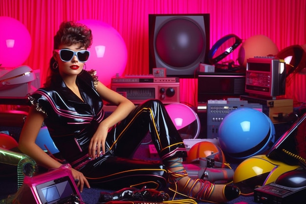 1980 high gloss fashion 80er Jahre Retro 1980 stylish Neon farben Moda di strada popolare 8039s abiti colorati con grandi capelli adolescenti vestiti era della musica da discoteca Generative AI