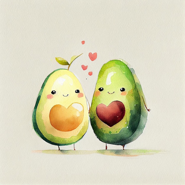 2 Acquerello Avocado innamorato su sfondo bianco Illustrazione AI generativa