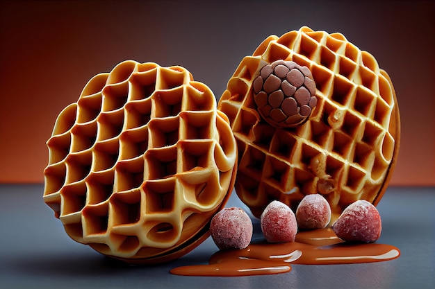 2 Kugeln Vanilleeis in Waffel und Schokoladensosse Generative Ai