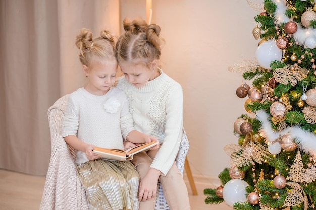 2 ragazze bionde sono sedute su una poltrona vicino all'albero di Natale e leggono un libro. serate intime con un libro vicino all'albero. Le amiche leggono un libro insieme. relazione calda