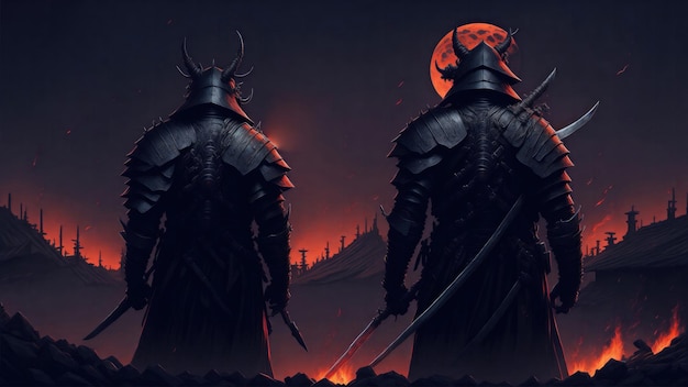 2 samurai dal villaggio in fiamme durante la notte della luna di sangue posteriore