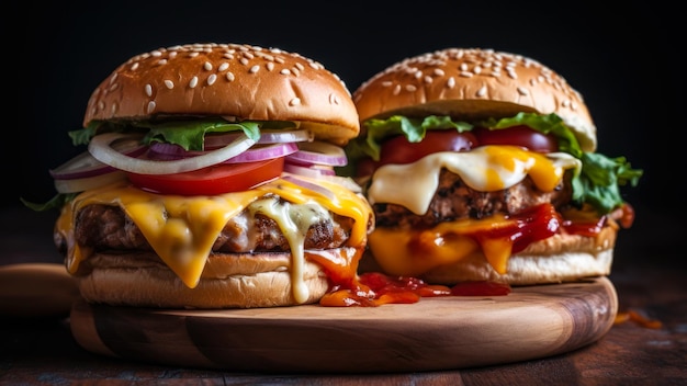 2 succosi hamburger con grandi cotolette di verdure e formaggio fuso su una tavola di legno generativa ai