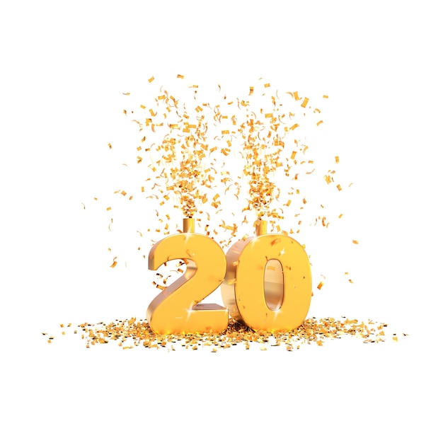 20 anni d'oro 3d parola su sfondo bianco - rendering 3D