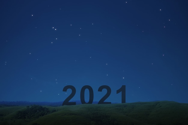 2021 sulla collina con sfondo scena notturna. Felice Anno Nuovo 2021