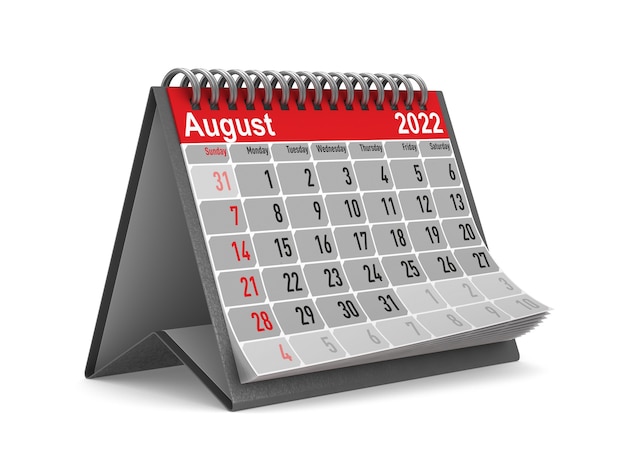 2022 anno. Calendario per agosto. Illustrazione 3D isolata