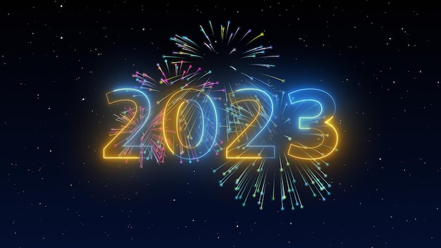 2023 Felice Anno Nuovo Fuochi d'artificio sullo sfondo del cielo blu notte oscura con decorazione con numero al neon su sfondo giallo e blu illustrazione stagione dei festival invernali per carta e modello evento moderno