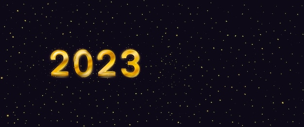 2023 Numeri d'oro su polvere d'oro o sfondo di stelle su banner minimalista di Capodanno nero con rendering 3d