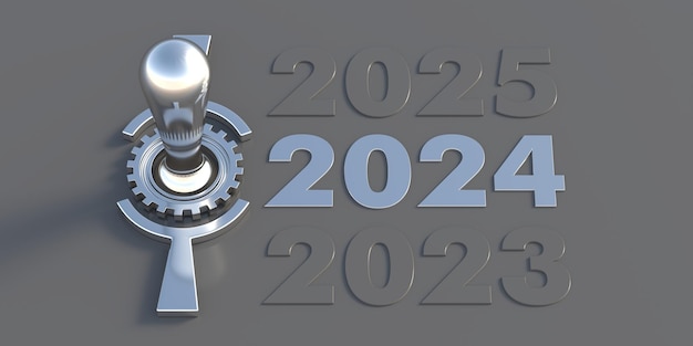 2024 a partire dal nuovo anno Numero di interruttore di controllo argento elettrico retrò su sfondo grigio rendering 3d