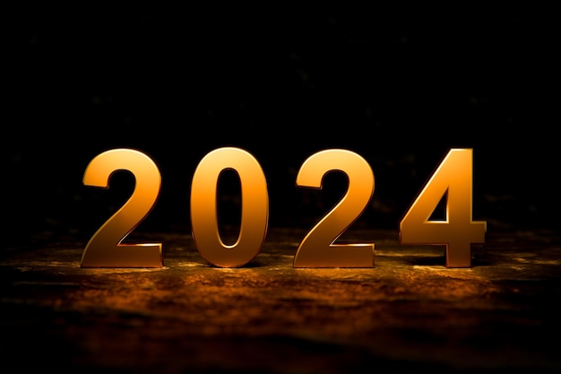 2024 concetto di felice anno nuovo Oro 2024 su sfondo scuro Inizia il nuovo anno 2024 con obiettivo piano concetto obiettivo piano d'azione strategia nuovo anno visione aziendale rendering 3d