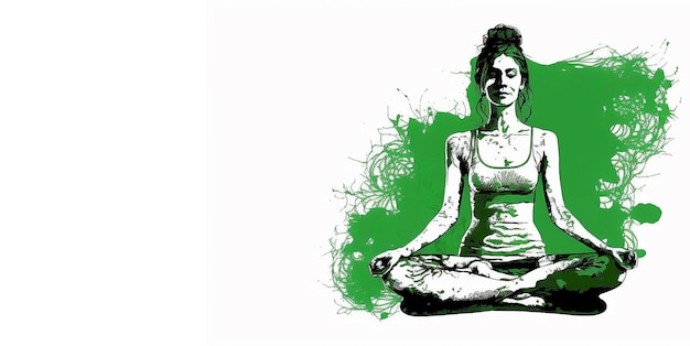 21 giugno giornata internazionale dello yoga donna verde in posa yoga del loto con copia spazio per il testo Generativo ai