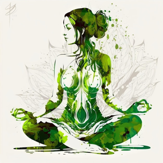 21 giugno giornata internazionale dello yoga donna verde nella posa del loto yoga Generativo ai