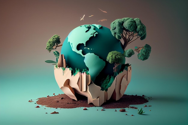 22 aprile illustrazione della giornata della terra rendering 3d con piante e pianeta