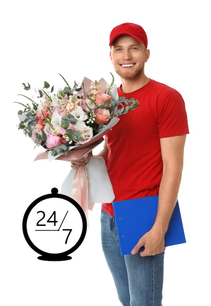 247 servizio Uomo di consegna con bel bouquet di fiori su sfondo bianco Illustrazione dell'orologio