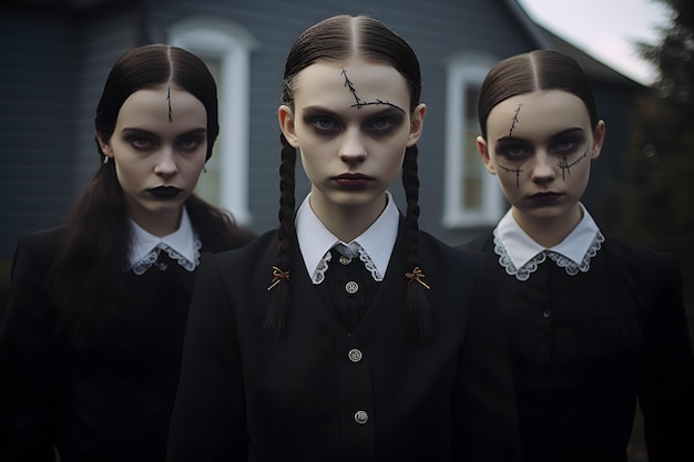 3 adolescenti in costumi di Halloween costume di mercoledì Addams fotografia cinematografica ultra realistica