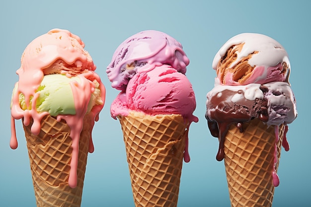 3 coni di gelato molto appetitosi con due cucchiai di gelato ciascuno su uno sfondo blu solido