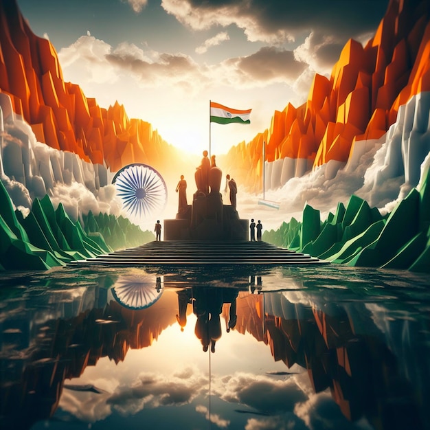 3 d illustrazione della bandiera dell'India e delle bandiere con vista al tramonto