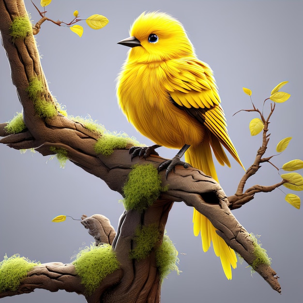 3 d illustrazione di un uccello carino seduto su un ramo con una foglia d'oro e le sue ali su un isolo