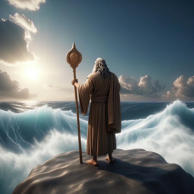 3 d illustrazione di un uomo in una barca con una bella vista il dio di Gesù sul mare