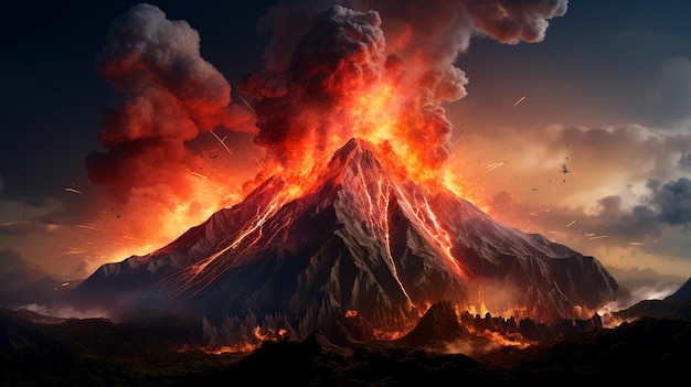 3 d illustrazione eruzione di un vulcano eruzione con fuoco