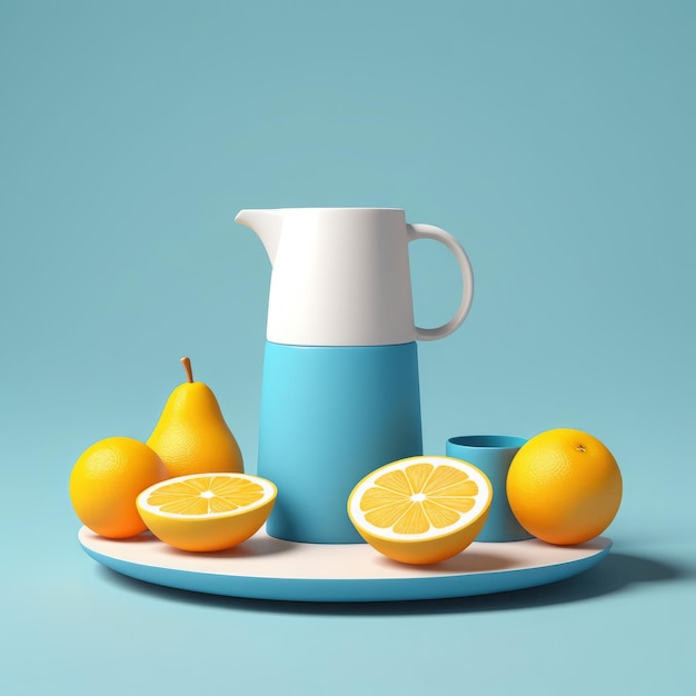 3 d rendering di frutta d'arancia fresca in una tazza di vetro blu su uno sfondo blu mangiare sano e sano