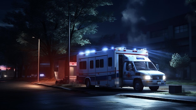 3 d rendering di un'ambulanza su una strada con uno sfondo scuro