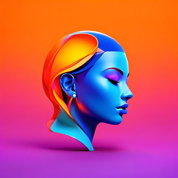 3 d rendering testa femminile con luce al neon colorata donna con viso bellissimo