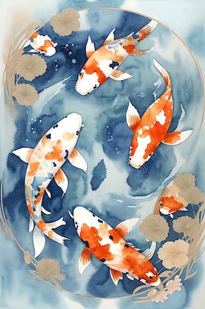 3 Koi che nuotano in cerchio in acquerello sognante in stile acqua blu chiaro AI_Generato
