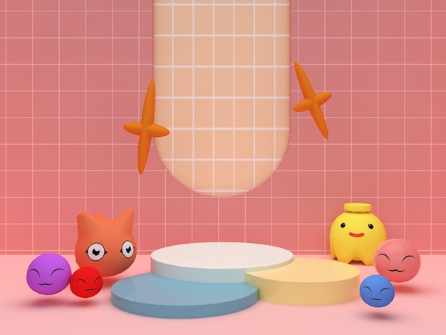 3 podi rotondi con emoji e faccina sorridente cartone animato e sfondo rosa Piedistallo per presentazione prodotti per bambini Rendering geometrico 3D