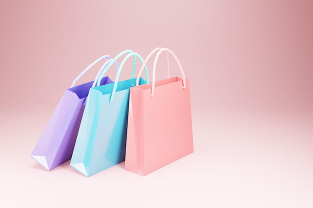 3 sacchetti di carta a colori su sfondo rosa Concetto di shopping online Rendering 3D dell'immagine