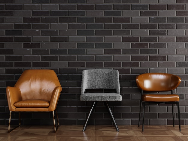 3 sedie differenti nello stile moderno che stanno davanti al muro di mattoni nero con copyspace