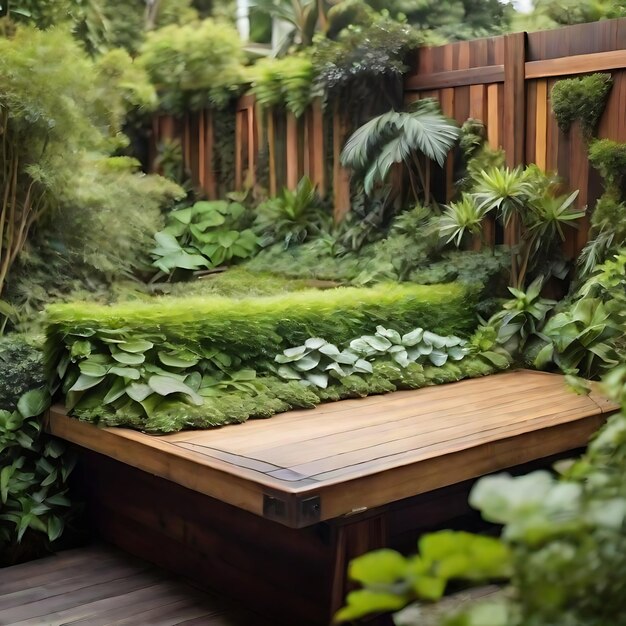 3 Tavola di legno circondata da una vegetazione lussureggiante in un giardino AI