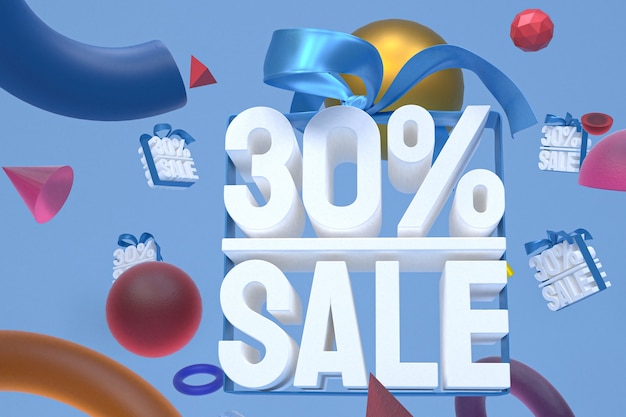 30% di vendita con fiocco e nastro 3d design su sfondo di geometria astratta