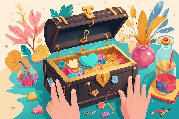 32Illustrare una persona che costruisce un baule del tesoro dell'amore per se stessa con ricordi positivi