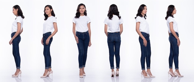360 Full Length Snap Figure, donna asiatica indossa casual camicia bianca jeans blu, lei 20s sta in piedi e agisce in molte pose, studio illuminazione sfondo bianco gruppo collage isolato