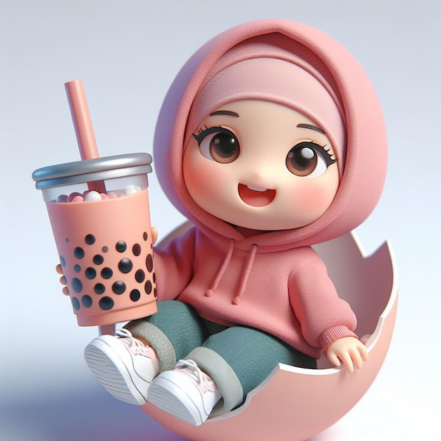 3D 2 anni hijab ragazza che indossa un cappuccio rosa faccia sorridente che tiene una tazza boba molto grande