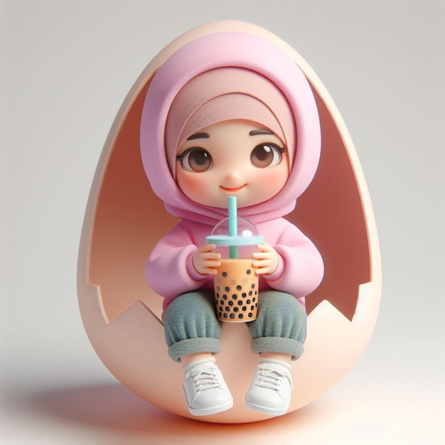 3D 2 anni hijab ragazza che indossa un cappuccio rosa faccia sorridente che tiene una tazza boba molto grande