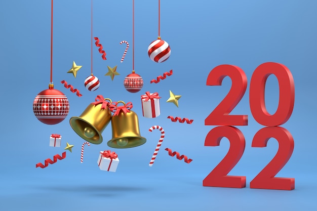 3D. 2022 Palle di Natale, campane e scatole regalo per la celebrazione del Natale su sfondo blu