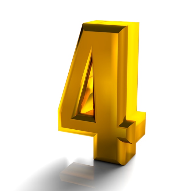 3d 3d di numero 4 d'oro lucido quattro raccolta 3d rendering isolato su bianco