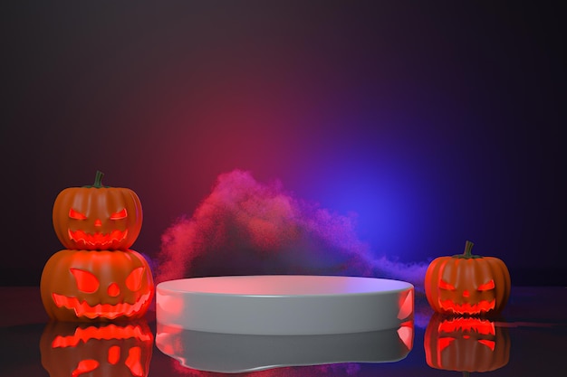 3D Abstract Halloween sullo sfondo del podio vuoto per la presentazione dei prodotti e mock up Pumpkins Jack O'lantern con pipistrelli volanti sullo sfondo scuro 3d rendering illustrazione