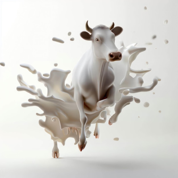 3D Ai Render di una mucca felice che salta in White Milk Splash